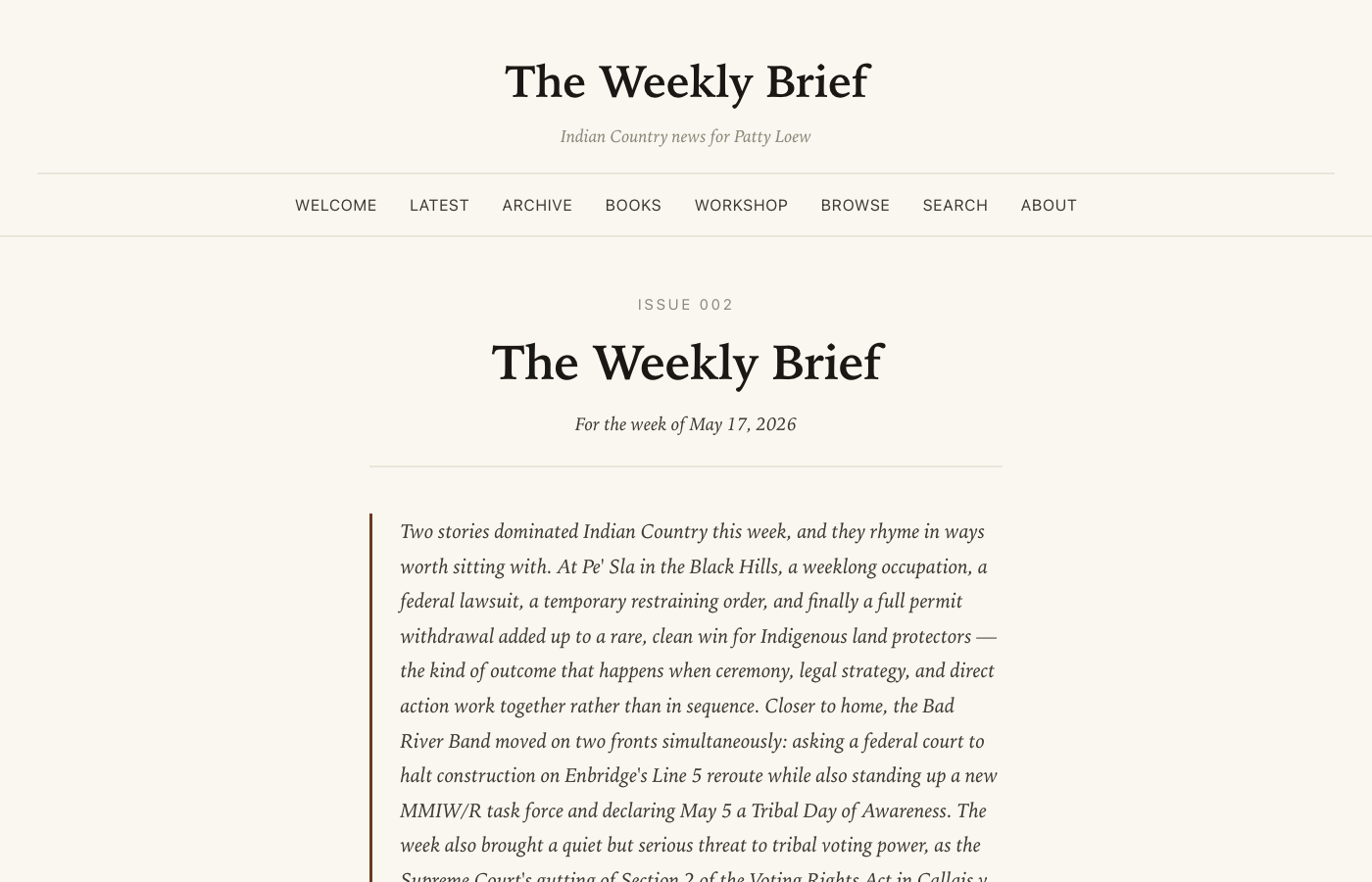 A sample issue page with the issue number, headline, date, summary, and the Listen to this issue audio player visible