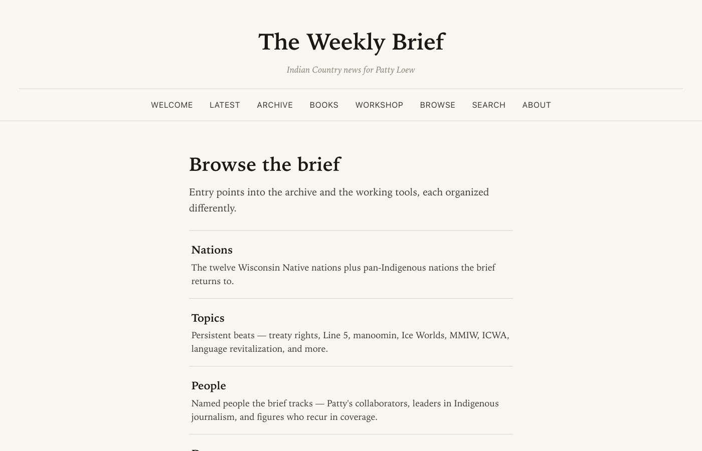The Browse umbrella page listing Nations, Topics, People, Dates, Sources, Interviews, and Feedback as the seven entry points