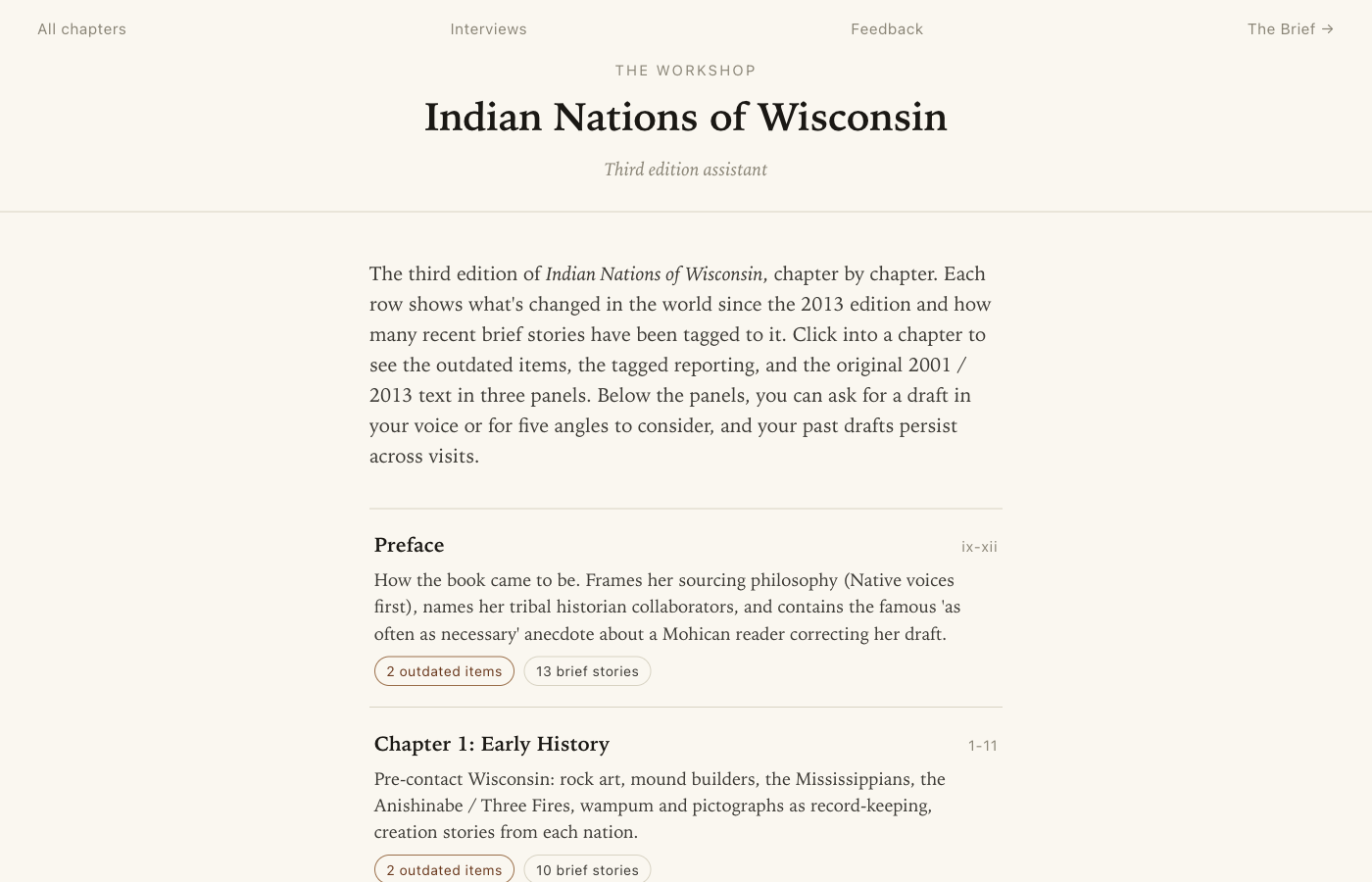 The Workshop chapter list, showing all 12 chapters of Indian Nations of Wisconsin with their summaries and counts of outdated items and tagged brief stories