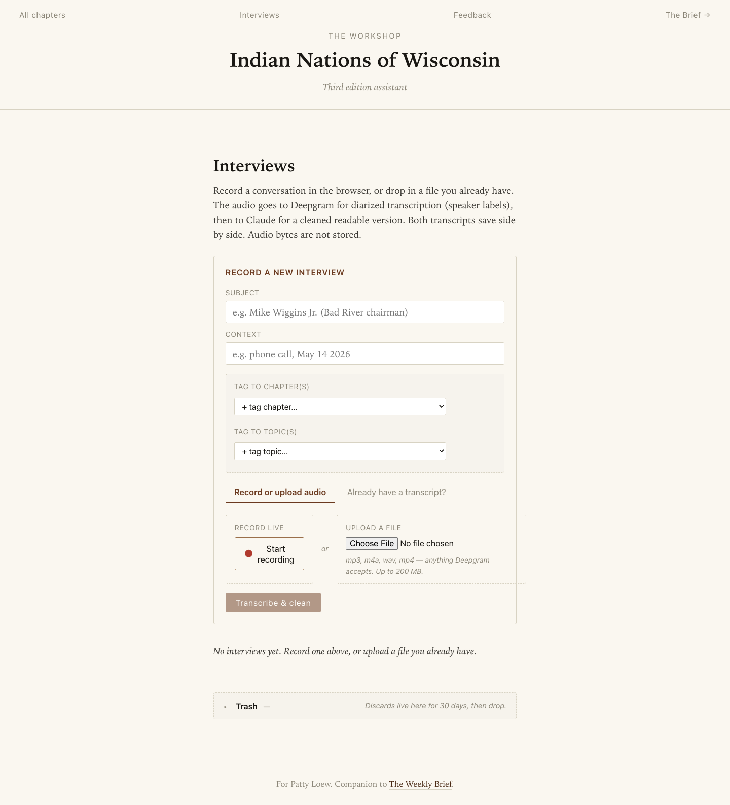 The Interviews page showing the subject and context fields, the Record live button, the Upload a file option, and the chapter and topic tag pickers